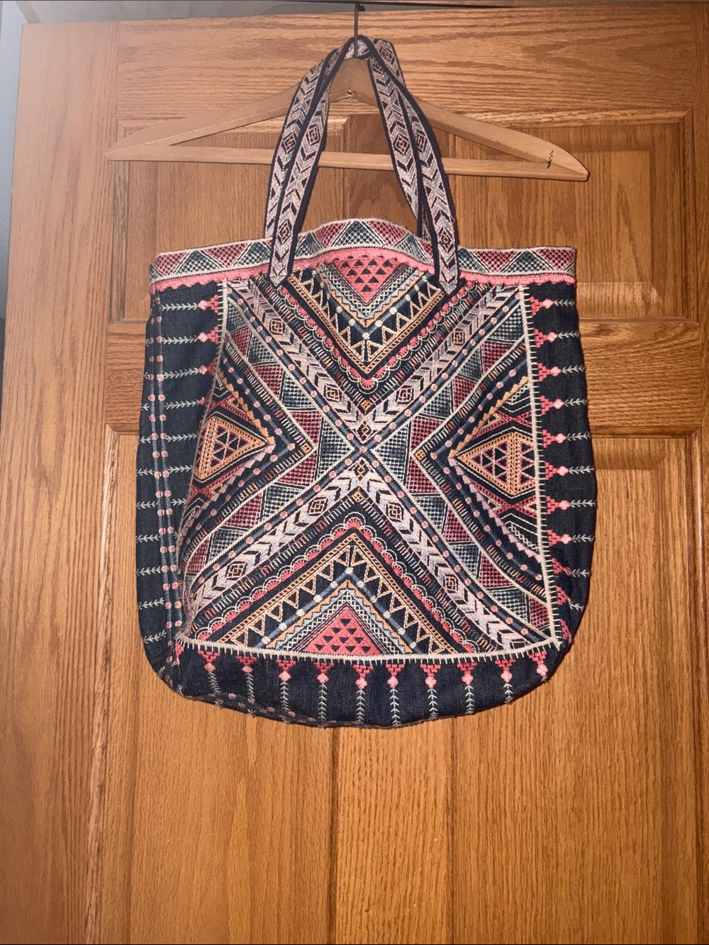 Johnny Was Workshop Boho Embroidered Navy Tote Bag with Coral and Cream